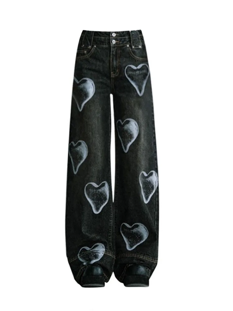 

New Casual Jeans Gyaru Woman Black Wide Leg Pants Heart Print Romantic High Waist Cotton Denim Trousers Baggy Streetwear Gothic