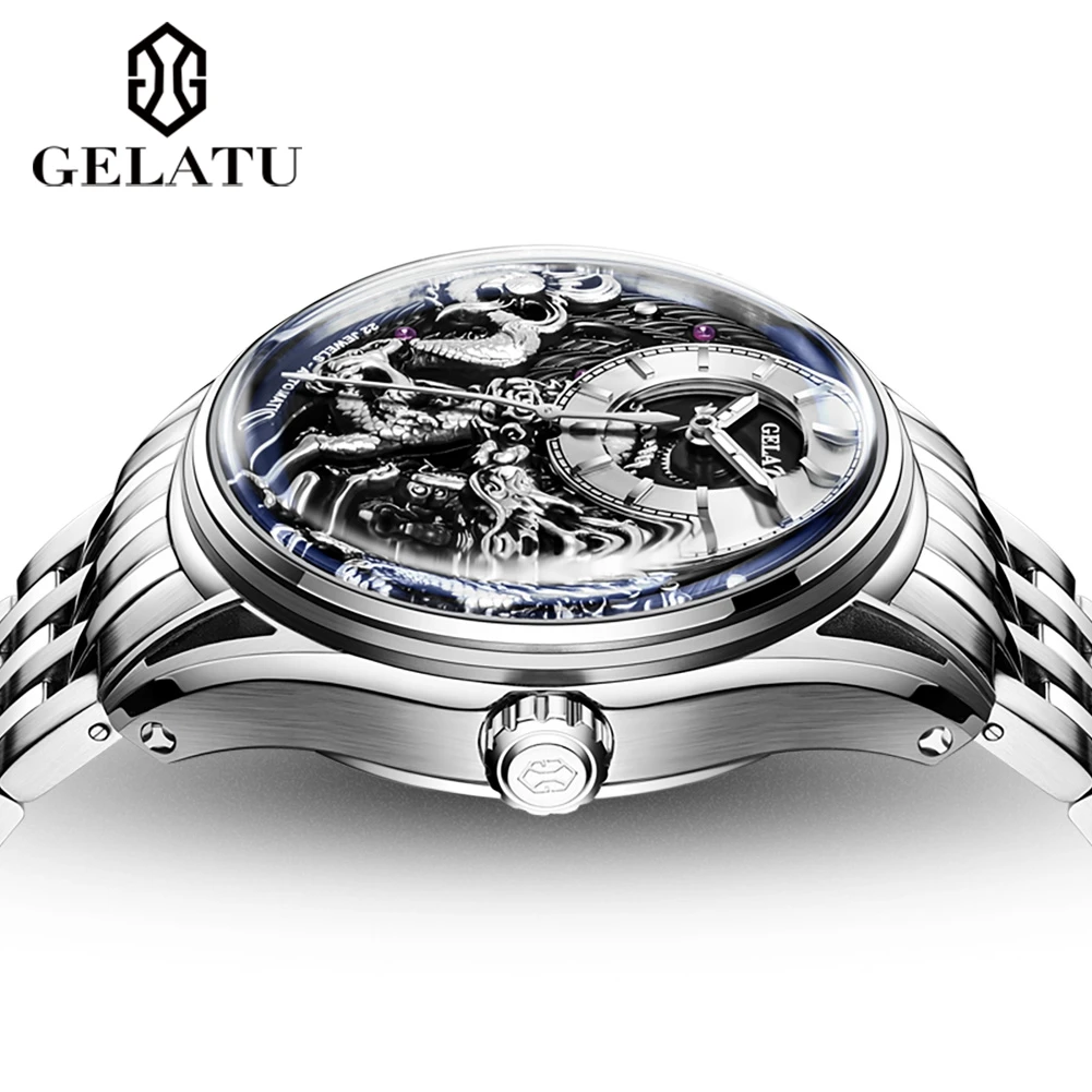GELATU 6018 Men's Watch Top Brand Original Mechanical Watch For Men 50M Waterproof Luxury Hollow Dragon Automatic Wristwatch