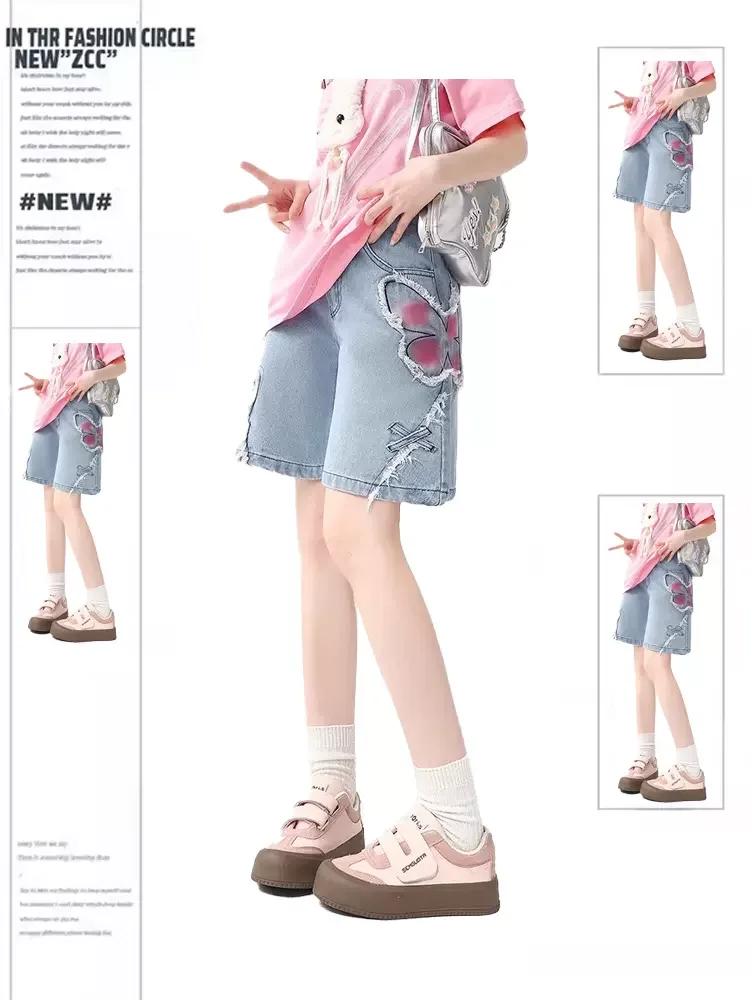 여성용 블루 데님 반바지, 90 년대 미적 무릎 길이 청바지, 2000 년대 빈티지 Y2k 카우보이 반바지, 하라주쿠 의류, 여름 2024