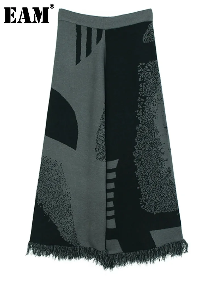 

[EAM] High Elastic Waist Gray Tassels Knitting Wide Leg Pants New Loose Fit Trousers Women Fashion Spring Autumn 2024 1DH1569