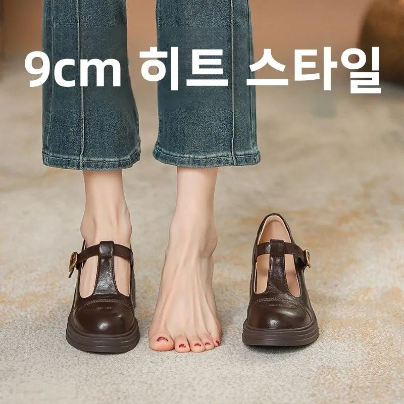 가죽 두꺼운 굽 버클 여성 플랫 키높이 9cm 싱글 슈즈 하이힐 메리제인 야외 캠핑 여행 부츠