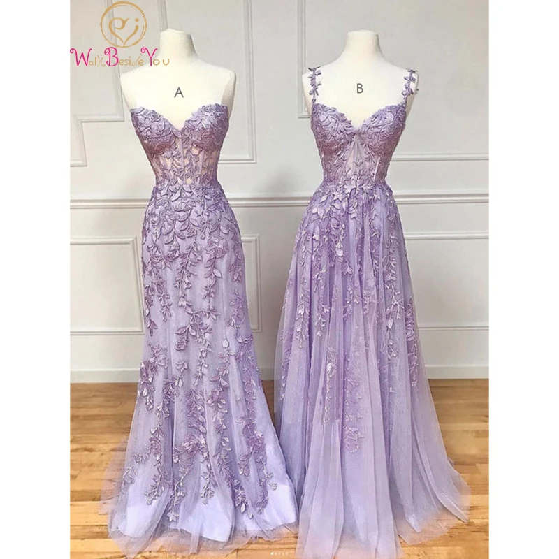 Lilac Evening Dresses 2024 Long Lace Appliques Crystal Mermaid Sweetheart Sweep Train Corset Back Sleeveless Prom Gowns Women