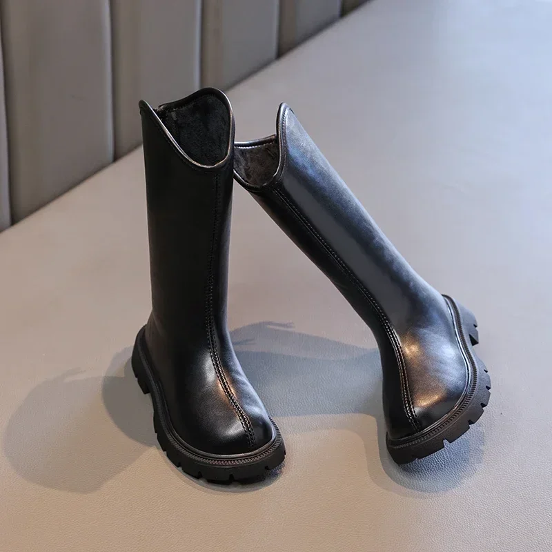 2024 Children High Boots for Girls Autumn Winter New Fashion Korean Style Anti-slippery Keep Warm Versatile Chic Leather Shoes 5