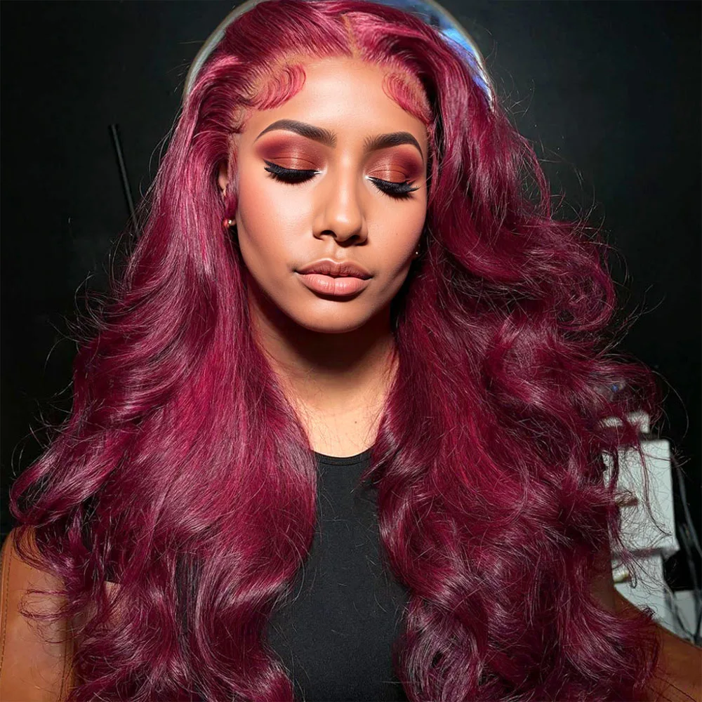

99J Red Lace Front Human Hair Wigs Burgundy Colored Loose Body Wave Wig Glueless 13x4 HD Transparent Lace Frontal Wig 30 38 Inch