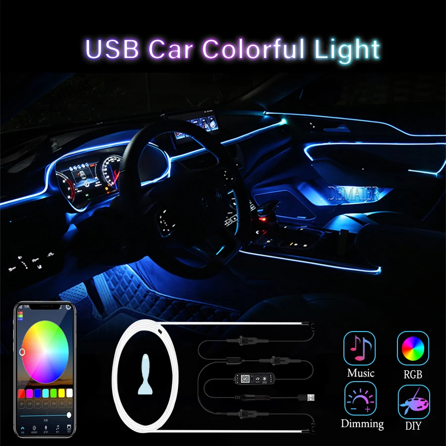 Car Neon Light USB LED Interior Atmosphere Lights RGB Ambient Light Optic Fiber APP Music  Auto Decorative EL Flexible Strip
