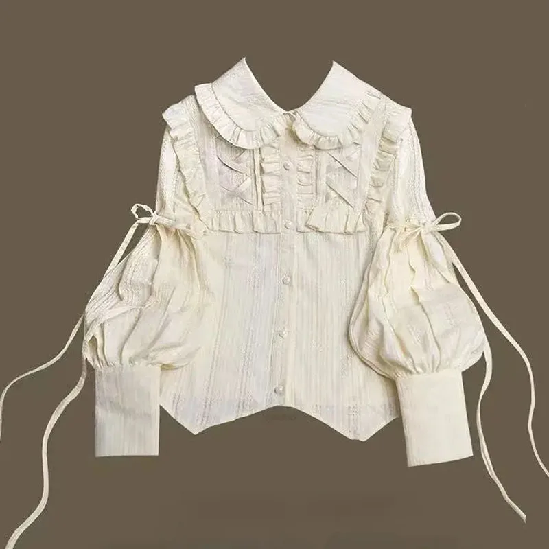 Sweet Ruffles Lolita Blouses Japanese Women Gigot Sleeve Basic Cotton Button Up Vintage Gothic Kawaii Tops