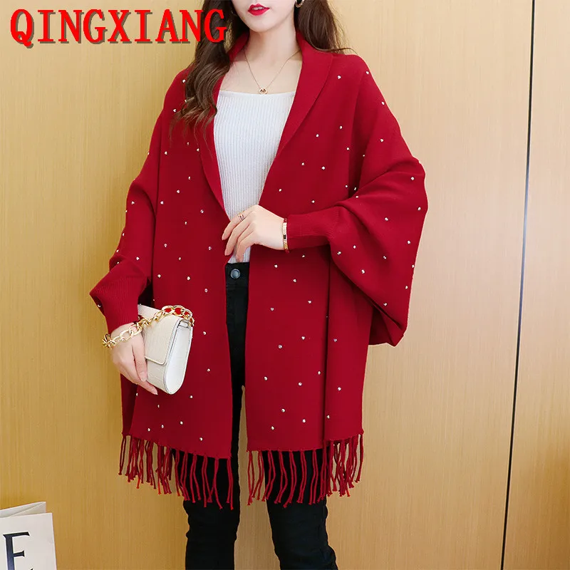 5 Color Capes Women Outstreet Beading Diamond Knitwear Autumn Batwing Sleeves Long Poncho Female Tassel Knitted Loose Shawl Coat