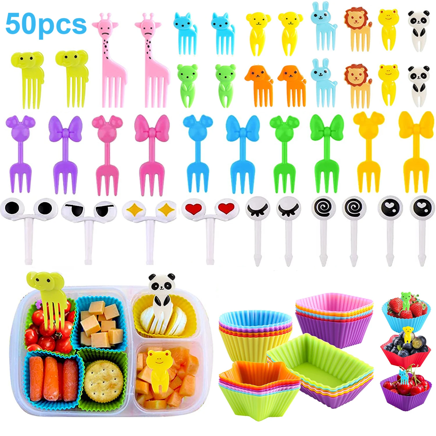 50 Cute Mini Animal Cartoon Food Selections for Children Snacks Cakes Desserts Fruit Forks 10 Muffin Cups Lunch Accessories