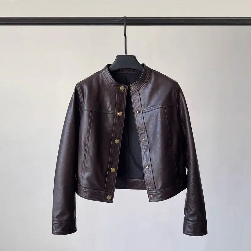 Spring Fashion New Women's High-end Leather Jacket with Stylish Design and Temperament Single Breasted Motorcycle Jacket