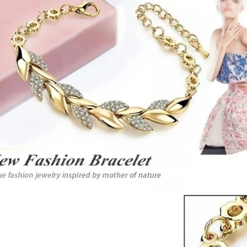 Delysia King Women Inlaid Crystal Golden Leaf Bracelet Trendy Bride Wedding Jewelry leaf bracelet