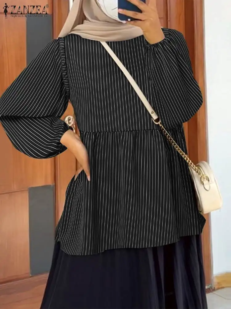 

Women Striped Blouse Autumn Muslim Tops ZANZEA Fashion O Neck Puff Sleeve Casual Loose Shirt Stylish Eid Mubarek Ramadan Blusas