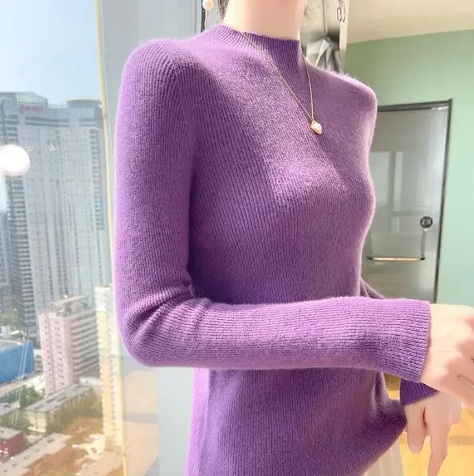 

Half high collar bottom fitting knit top purple women