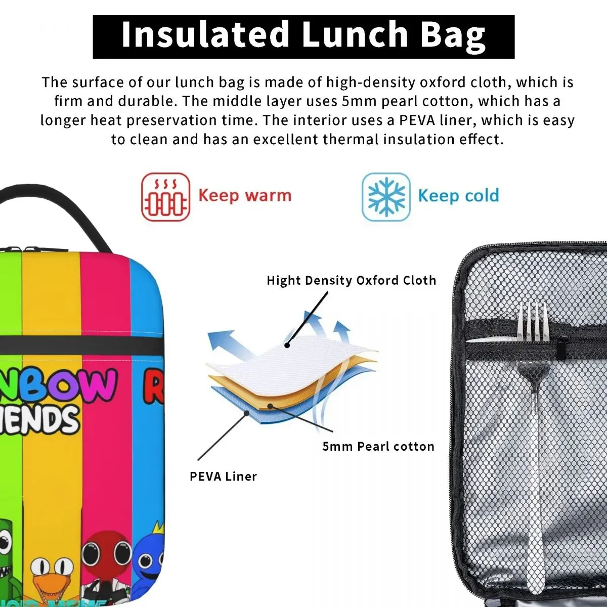 Colorful Companions Lunch Bag Cartoon Funny Lunch Box For Adult Picnic Portable Cooler Bag Oxford Print Tote Food Bags