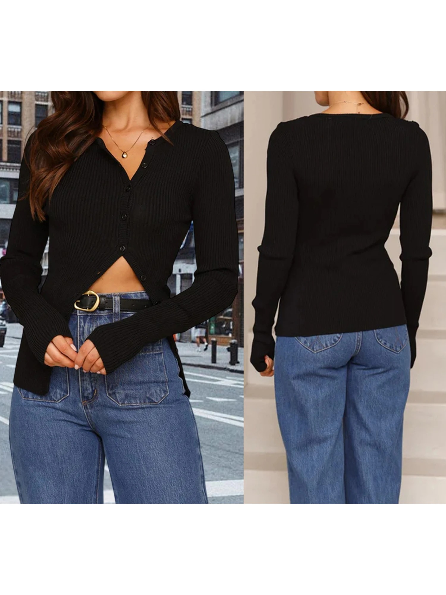 Women s V-Neck Sweater Ribbed Knit Long Sleeve Pullover with Button Detail Cozy  Fit Autumn Top for Everyday Wear