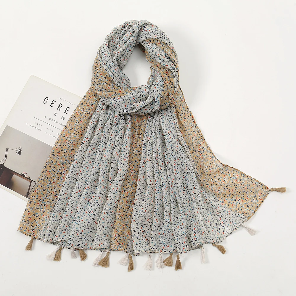 

Womens Fashion Cotton Scarf Soft Luxury Shawls Foulard Beach Scarf Tassel Cover-ups Wraps Flower Printing Hijab Scarf