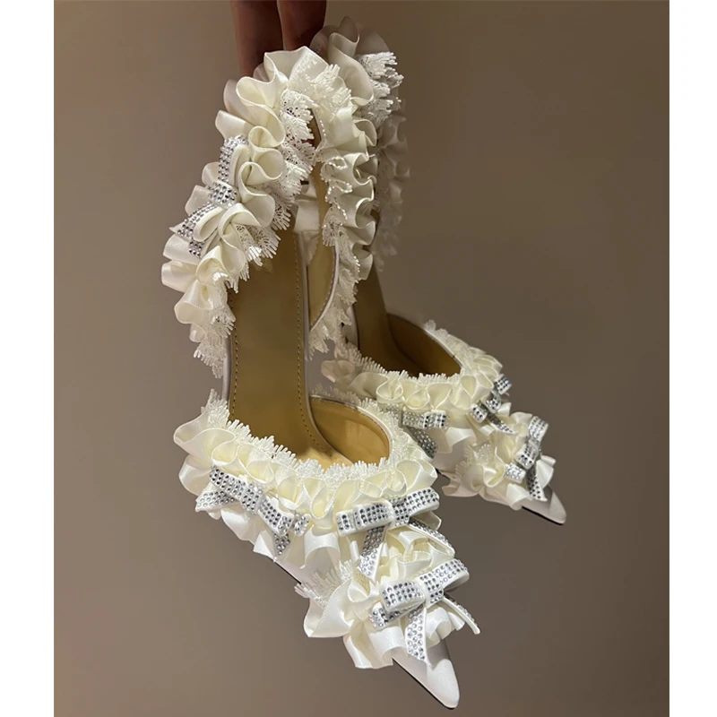 Rhinestone Bow Lace Slingback Stiletto Sandals Woman Summer Pointed Closed Toe Lolita Style High Heels Shoes for Women