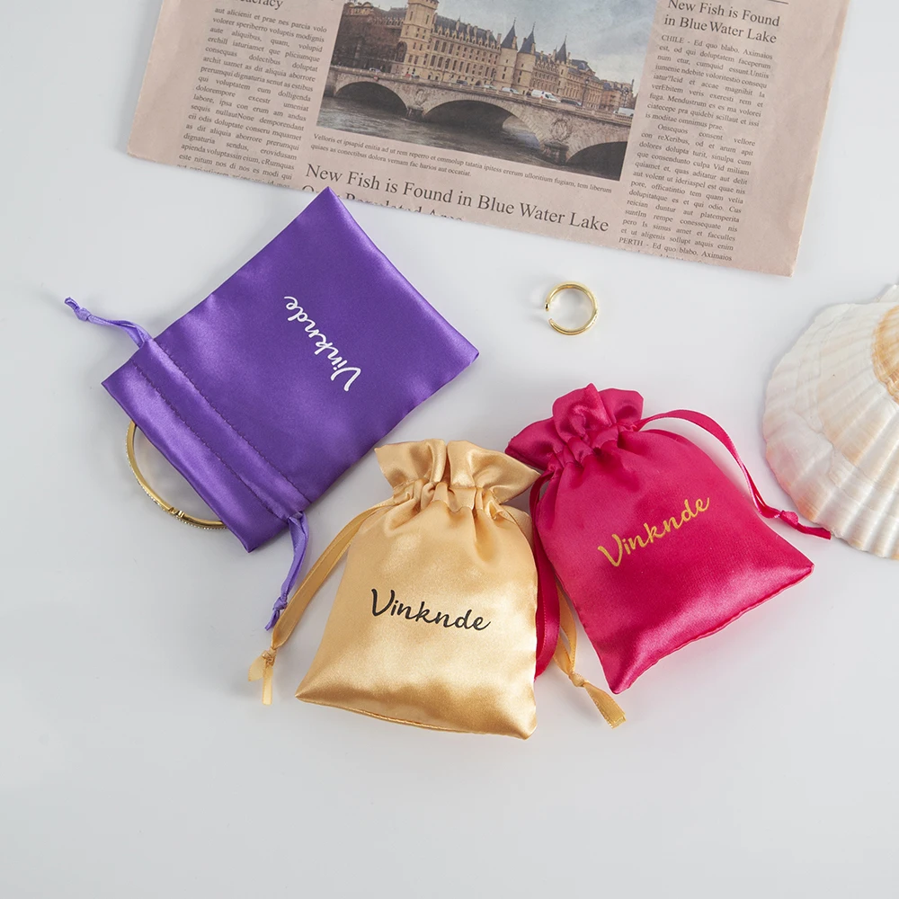 Satin Silk Jewelry Pouches Custom Logo Size Black Drawstring Earrings Bracelet Packaging Organizer Gift Bag for Wedding Bulk 100