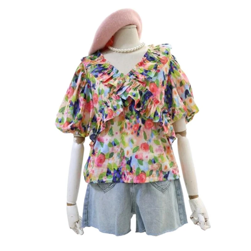 

Spring Cotton V-Neck Design Sense Lotus Collar Women's Tops Sweet Floral Print Half Sleeve Loose Fit Cute Shirts Blouses Blusas