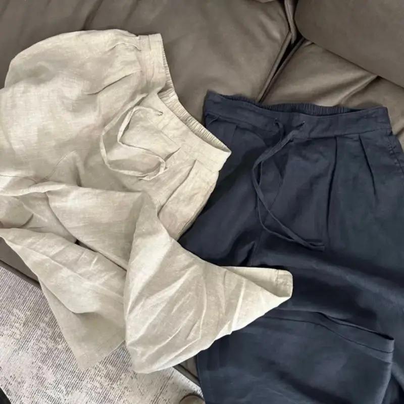 

Весенние Свободные повседневные однотонные универсальные укороченные женские брюки в японском стиле с высокой талией и широкими штанинами, 2024