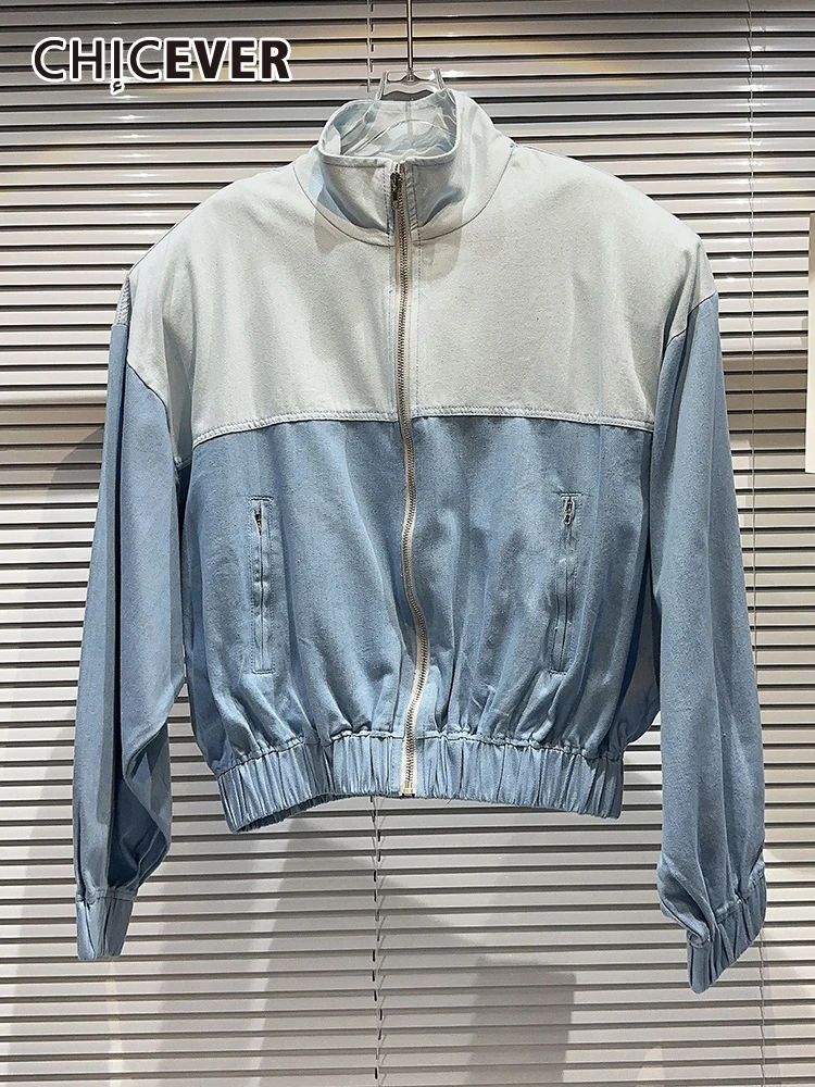 

CHICEVER Colorblock Denim Coats For Women Lapel Long Sleeve Loose Spliced Zipper Streetwear Spring Casual Vintage Jackets Female