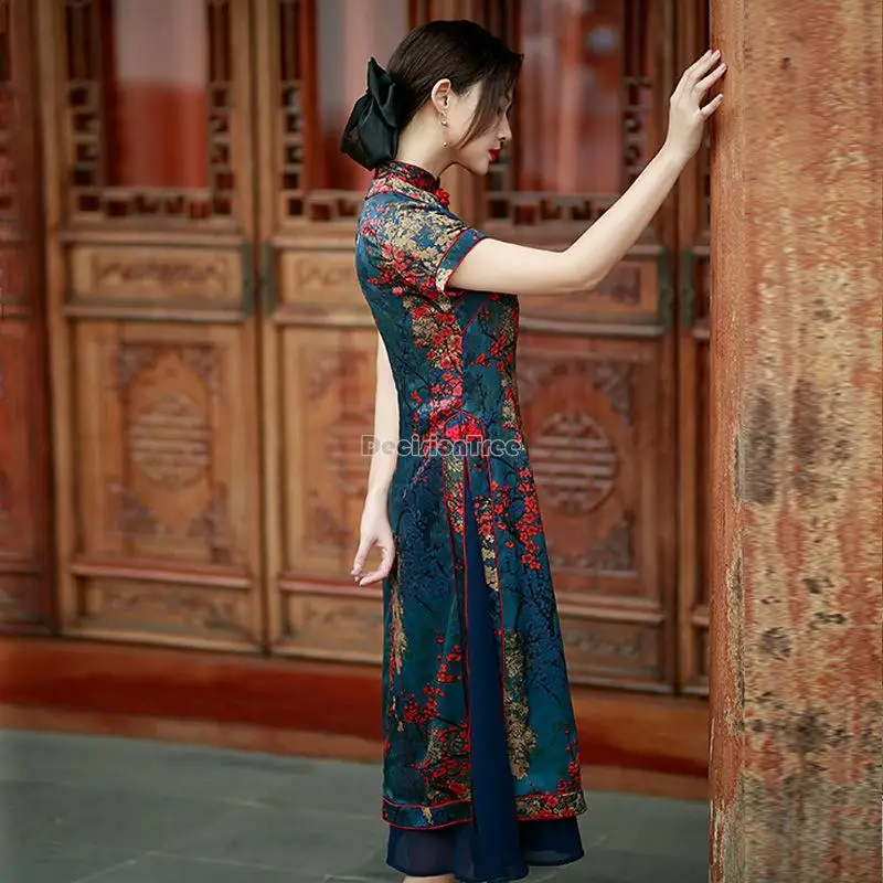 

Lady autumn new vietnam aodai chinese styles women floral printing vintage long dress qipao chinese elegant cheongsam dress a90