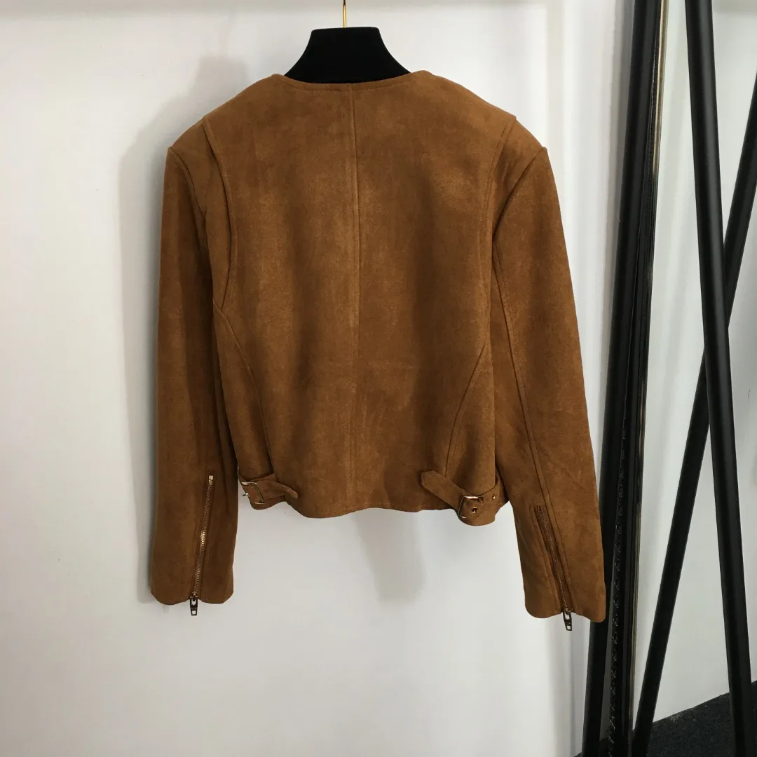 

2023 New Hardware Logo Button Buckskin Round Neck Caramel Long Sleeve Women's Coat