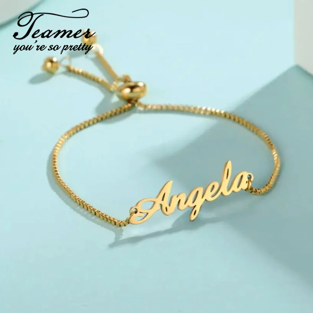 Teamer Custom Name Bracelets for Women Kids Adjustable Customized Personalized Stainless Steel Jewelry Fashion Graduation Gifts