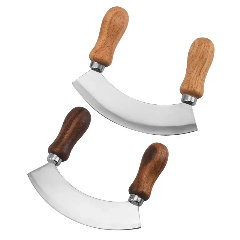 Pizza Cutter Stainless Steel Wooden Handle Swing Cutter Double Handle Pizza Cutter Wheel Knife Sawtooth Shovel Kitchen Baking Scraper Tool