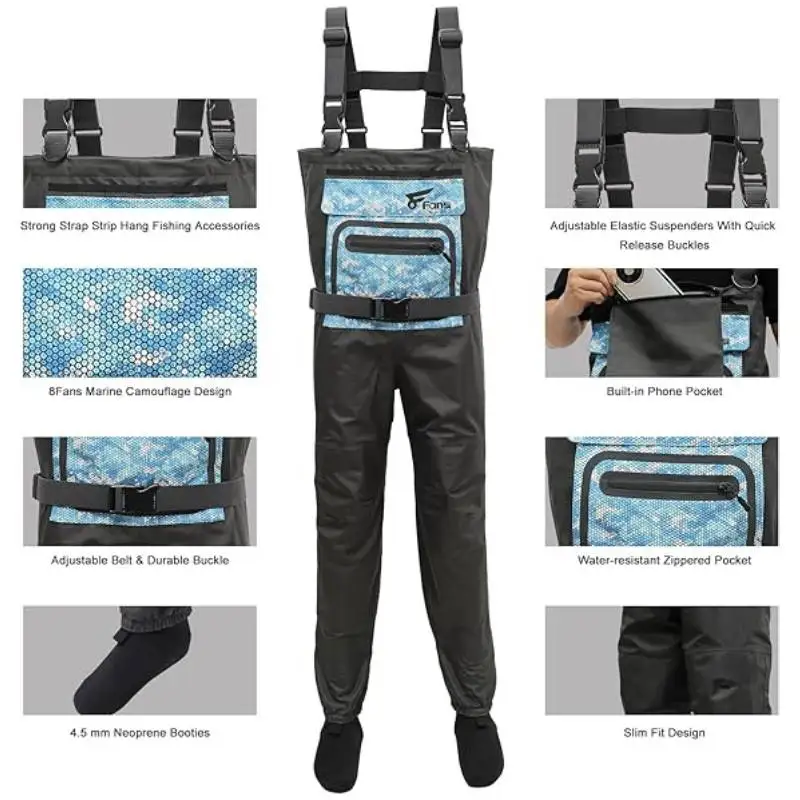 8 Fans Fly Fishing Waders Breathable Waterproof Stocking Foot Chest Waders for Men and Women