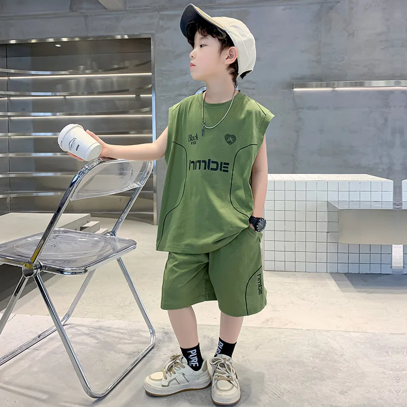 

2024 Summer Children Boy Sport Suit Teenager Boy Letter O-neck Sleeveless Tops+Sport Short Pants Sets Boys From 4-12 Years Old