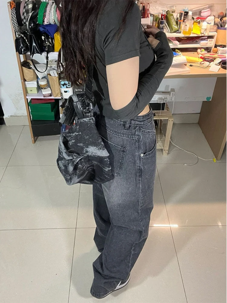 QWEEK Vintage Black Baggy Jeans Women Korean Streetwear Oversize Harajuku High Waist Pants Grunge Y2K Denim Wide Leg Trousers