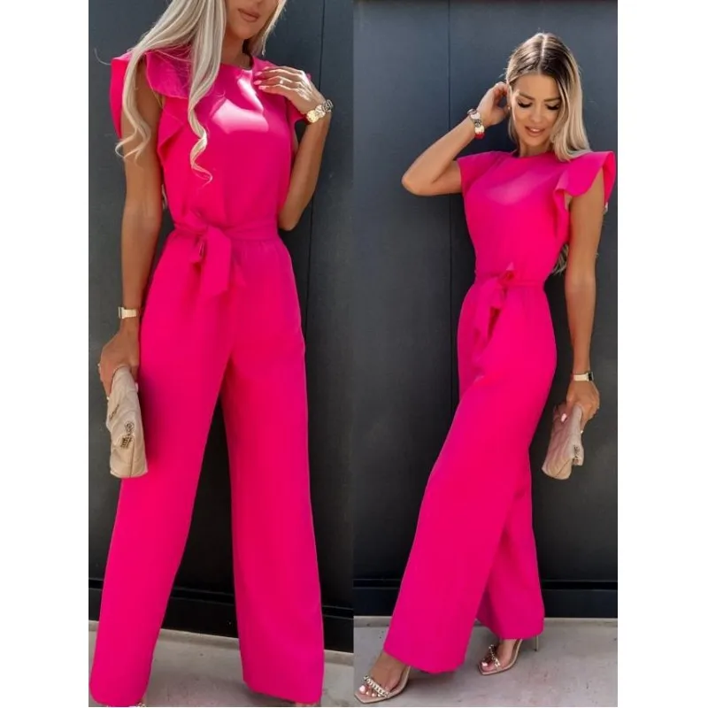 Elegant Women\'s Jumpsuits 2023 Summer Solid Casual Fashion Ruffle Lace Jumpsuits Female One Piece Garment S-XXL