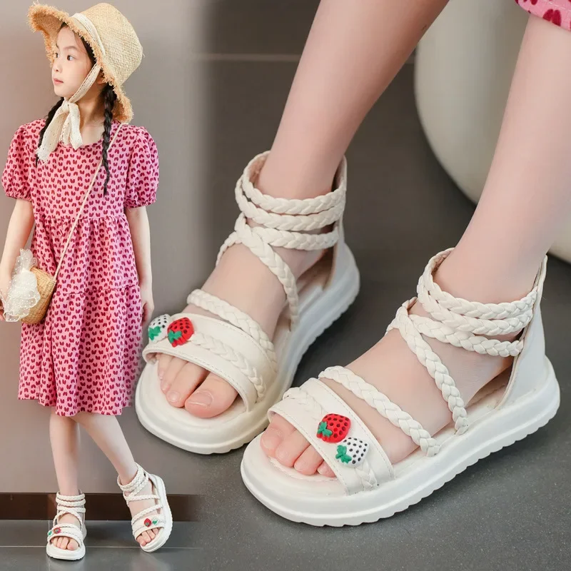 Kids Girls GLADIATOR Sandals Open Toe Knitted Strawberry Summer Non Slip Flat Fashion Children Casual Shoes Roman Shoes Simple