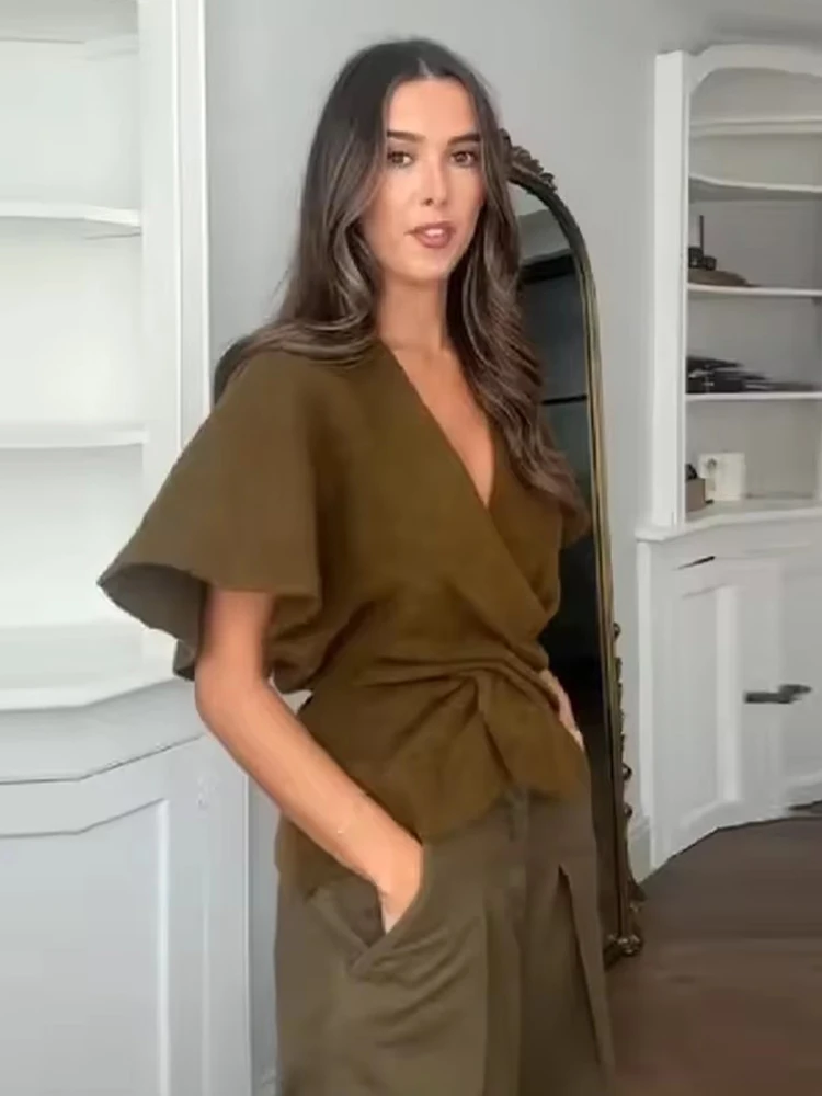 Women's Sweater Top Soft Ruched Cross-Front Chic Simple Lady Knitwear Stylish Trend Vintage Autumn Pullover Outfits