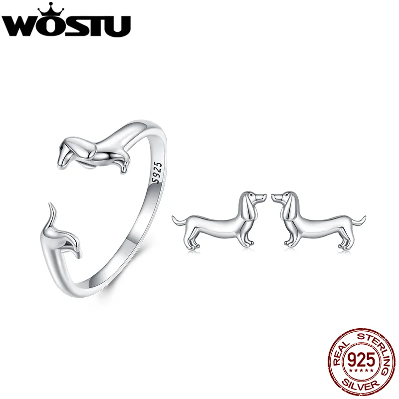 WOSTU 925 Sterling Silver Cute Dachshund Dog Adjustable Rings Stud Earrings Original Girl Lovely Pet Jewelry Set Birthday Gift 1