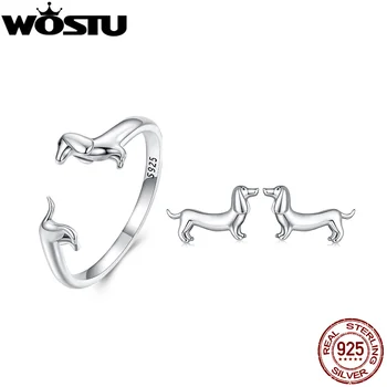 WOSTU 925 Sterling Silver Cute Dachshund Dog Adjustable Rings Stud Earrings Original Girl Lovely Pet Jewelry Set Birthday Gift 1