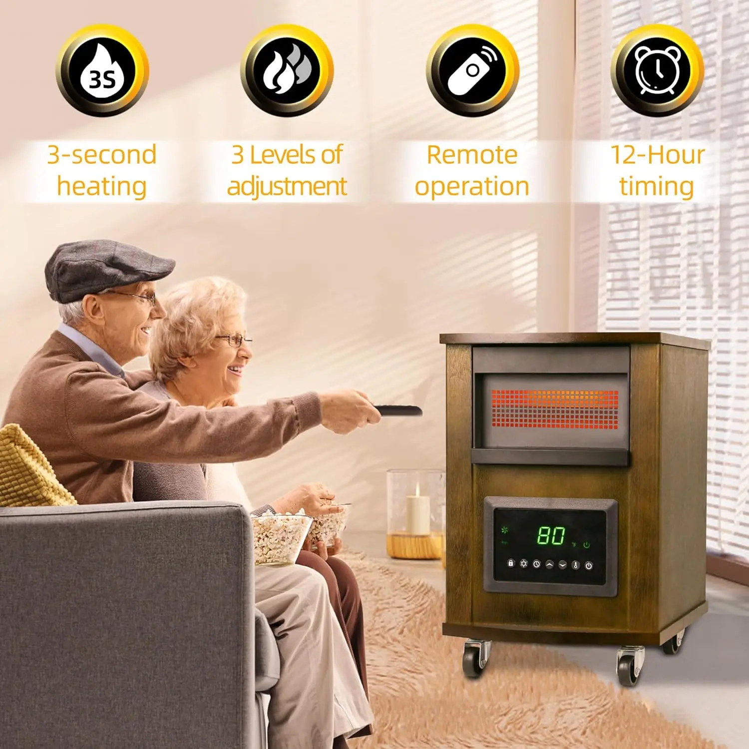 1500W Space Infrared Heaters for Indoor Use Large room Electric Quartz Heater with Remote Control Wheels LCD Display 3 Heating