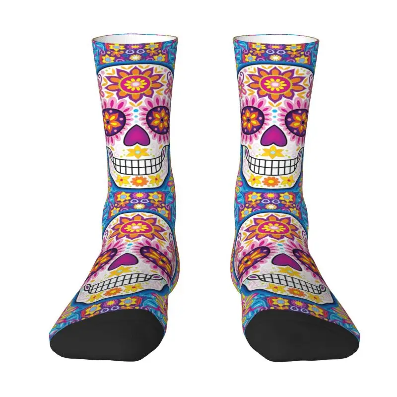 

Fun Printed Mexican Flowers Sugar Skull Socks for Men Women Stretchy Summer Autumn Winter Halloween Day Of The Dead Crew Socks