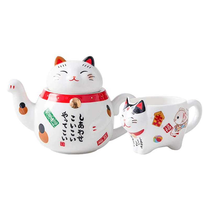 2 Pcs Cute Japanese Lucky Cat Porcelain Tea Set Creative Ceramic Cup Pot With Strainer Lovely Plutus Teapot Mug | Дом и сад