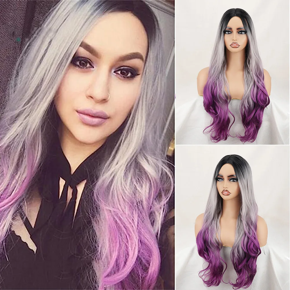 Ombref  Balck Greyto Purple Synthetic Wigs with Bangs Long Straight Layered Wig Colored Party Heat Resistant Hair for Women