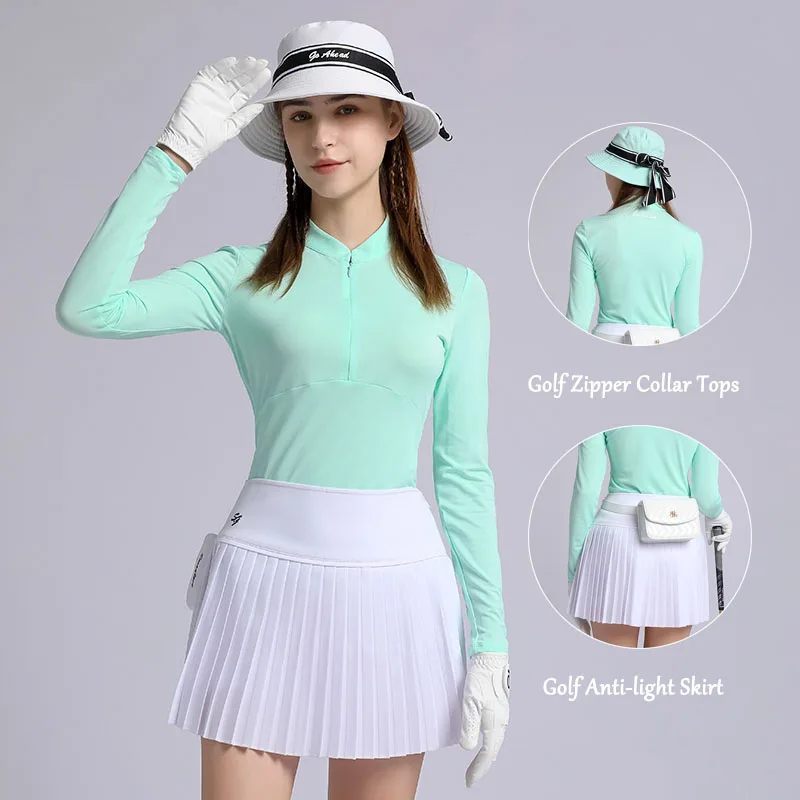 

Женские летние комплекты для гольфа, зеленые топы на молнии с воротником, Солнцезащитная тонкая рубашка для гольфа, юбка с высокой талией и плиссировкой, SG