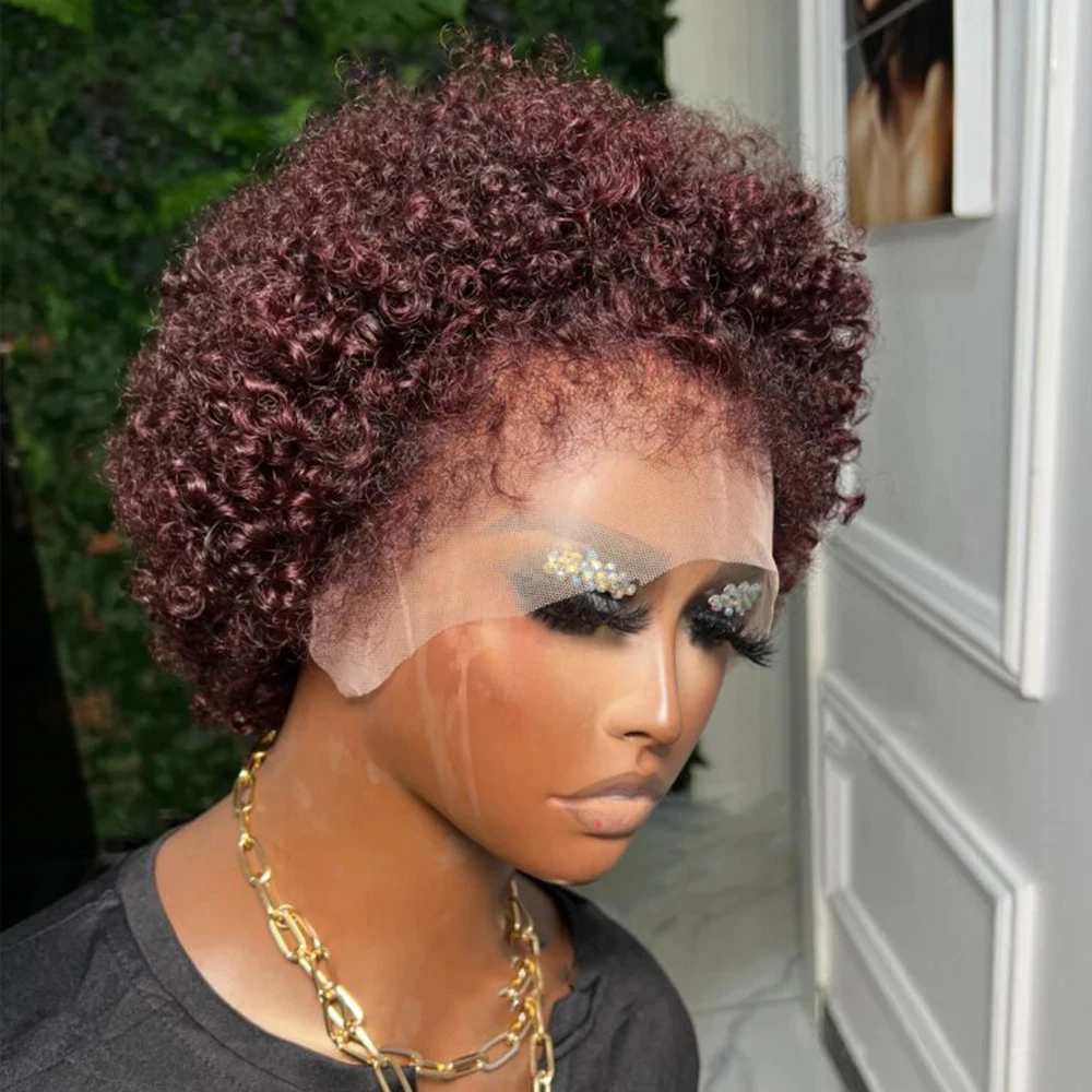 Short Wigs Human Hair Jerry Curly Human Hair Wigs 99J Pixie Cut Bob Wig Transparent 13x4 Lace Frontal With Curly Edges