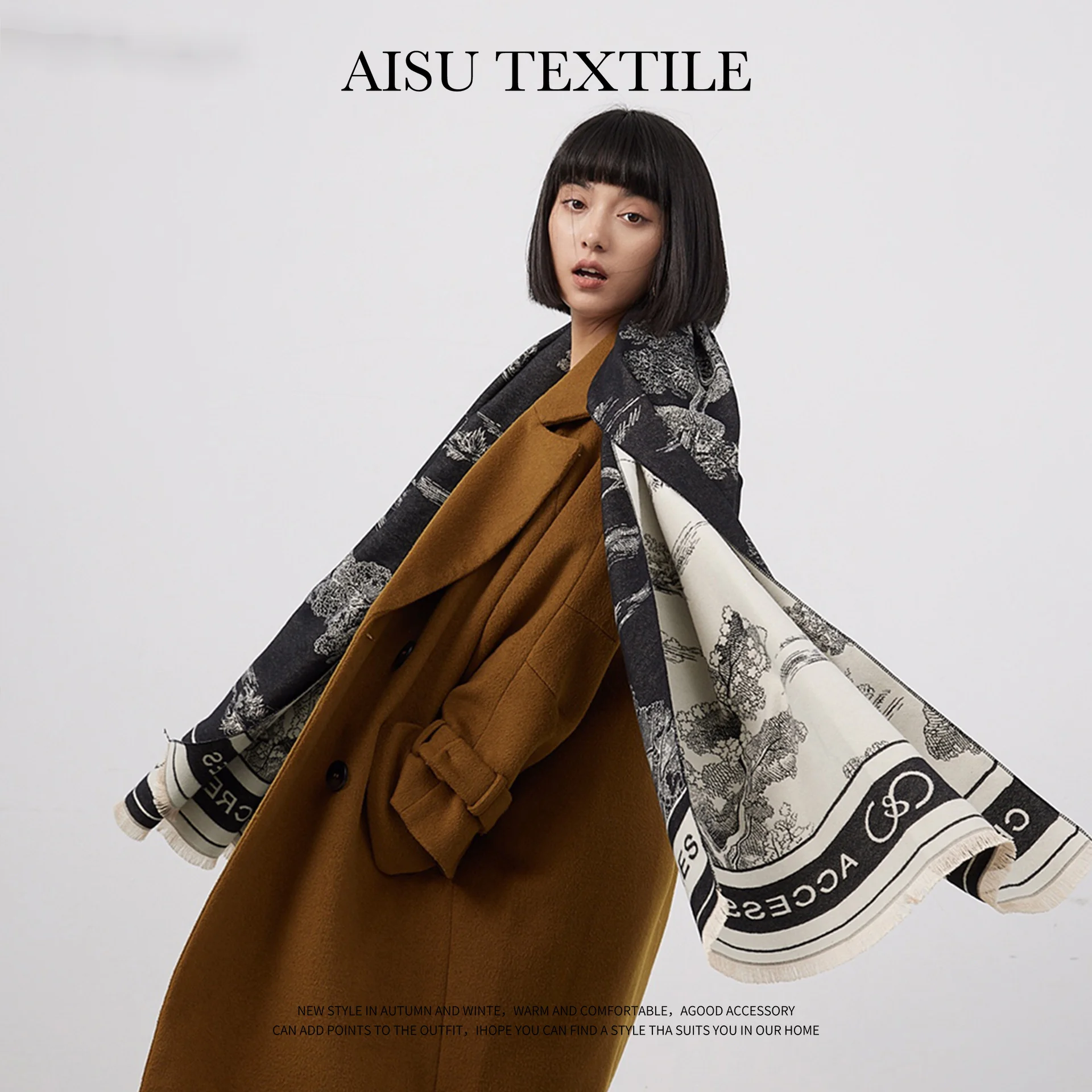 Jacquard Landscape Painting Cashmere Scarf For Women's Office Air-conditioned Room Thick And Warm Long Trendy Scarf_voghion.com