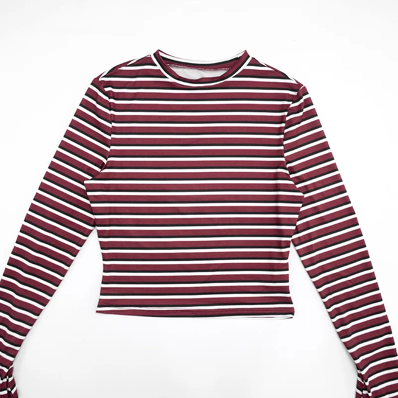 Fashion Spring and Autumn New Shorts Set Striped Women's Crew Neck Split Long Sleeve Top Hot Hip Wrap Super Shorts Two-piece Set