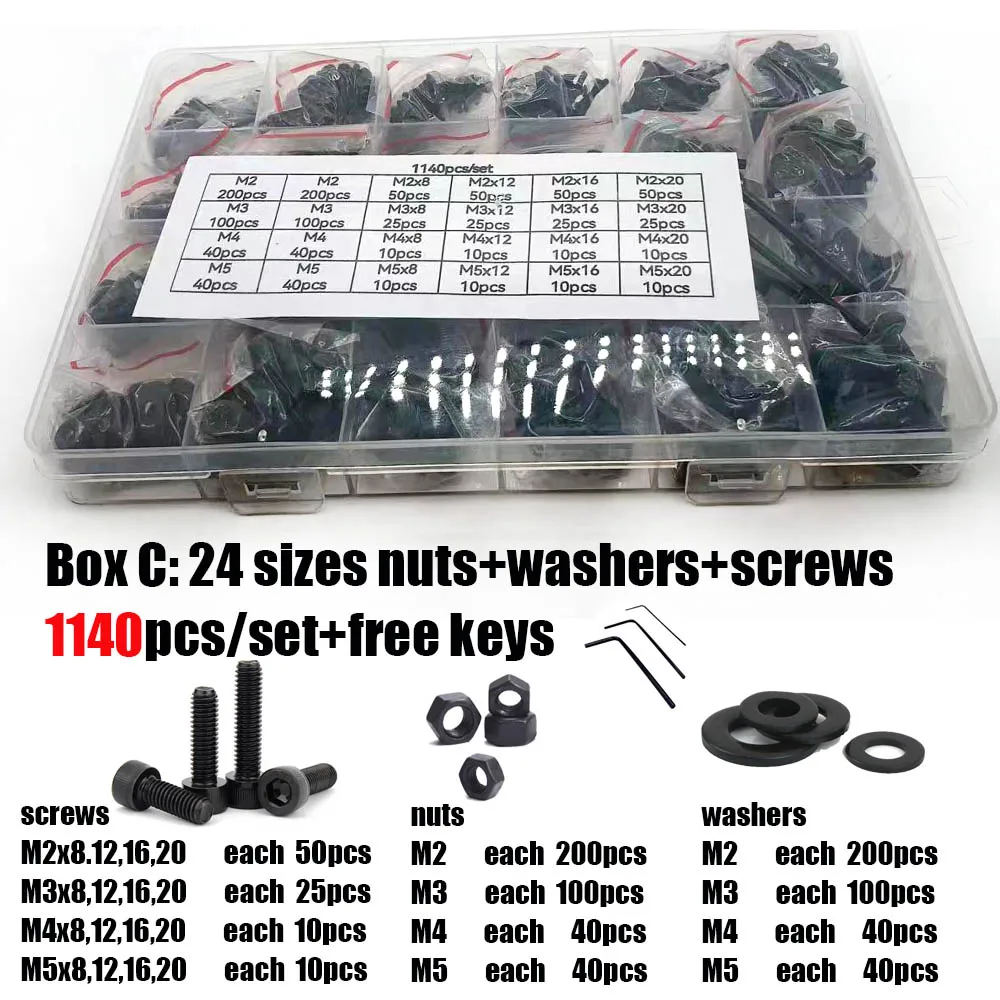 400/2100X M1.6 M2 M3 M4 M5 Black12.9 Grade Steel Allen Hexagon Hex Socket Cap Head Screw Bolt Nut Washer Set Assortment Kit Box