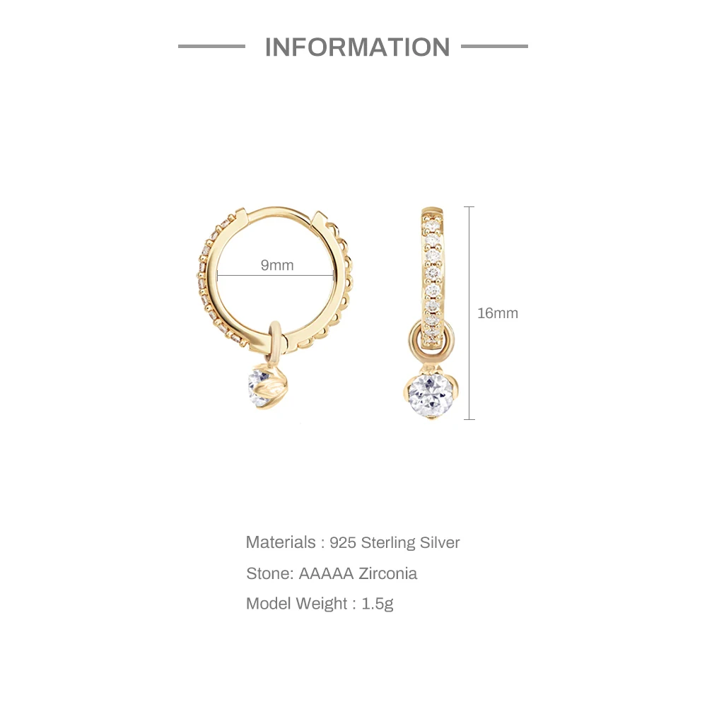 ROXI 컬러 미니 지르콘 매달려 귀 반지 여성용 9mm 귀 버클 Pendientes De Plata 925 Para Mujer