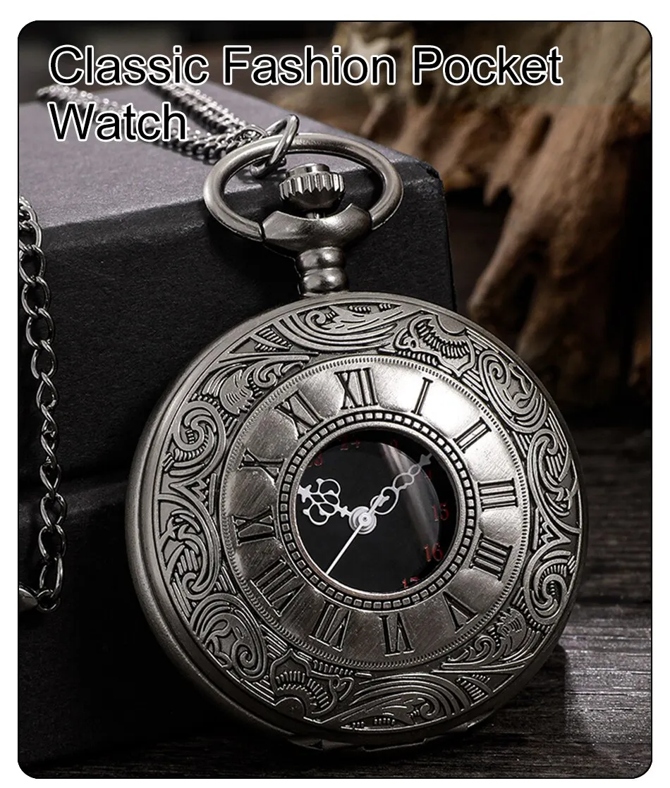 Large classical black dual display Roman retro watch with black face, Roman letters, white needles, nostalgic pocket watch