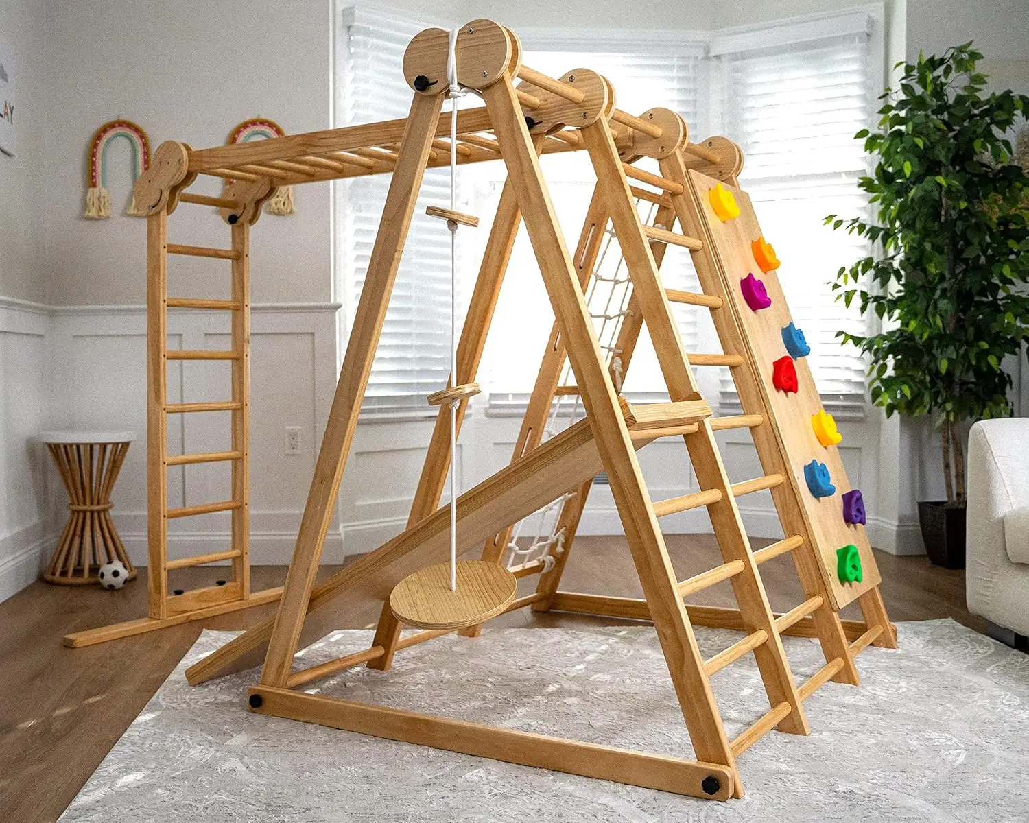 8-in-1 Indoor Foldable Playset for Kids-with Slide, Climbing Wall, Monkey Bars, Swing