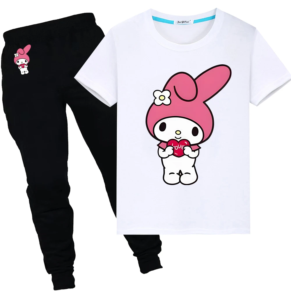 

Melody Print 100%Cotton Cute T-shirt Summer Sports Sets Short+pant Sanrio Tshirts Kawaii Tops kid holiday gift boy girls clothes