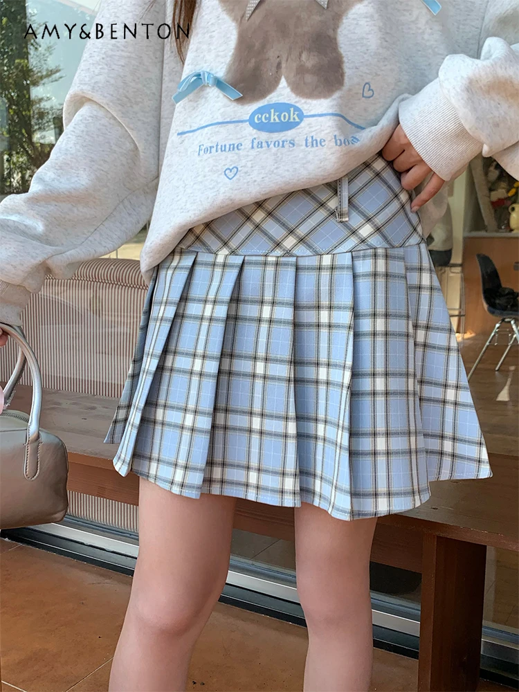 Early Spring New Preppy Style Blue Plaid Pleated Skirt Korean Style High Waist Slim All-Match Mini Skirt Sweet Cute Y2K Skirt
